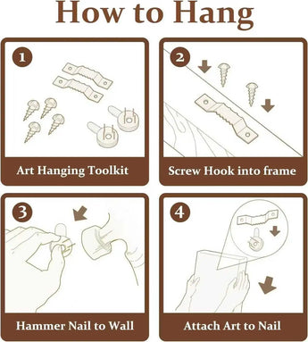 Step-by-step guide showing how to hang custom frames using art hanging toolkit, nails, and hooks.