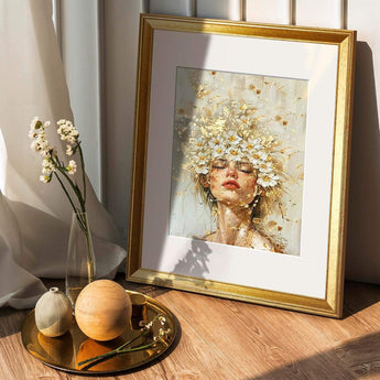 Custom gold frame with floral artwork of woman, sunlight, home decor, vase and tray on wood floor