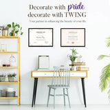 Modern home office with framed certificates, desk, plants, and decorative shelving.