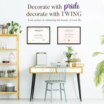 Modern home office with framed certificates, desk, plants, and decorative shelving.