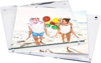 Custom acrylic photo frame displaying a family beach portrait with balloons