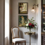 Elegant hallway with floral art prints in ornate frames, classic chair, side table, and flower vase
