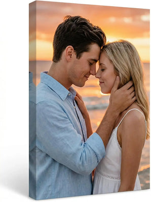 Romantic couple canvas print, loving embrace at sunset on the beach, personalized wall art