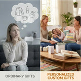 Comparison of ordinary gifts and personalized custom gifts, featuring a woman pondering generic items on the left and two women exchanging a custom photo canvas print on the right.