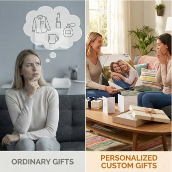 Comparison of ordinary gifts and personalized custom gifts, featuring a woman pondering generic items on the left and two women exchanging a custom photo canvas print on the right.
