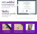 Black MDF wood certificate frame with shatter-resistant acrylic and multiple mounting options