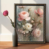 Framed floral canvas print with pink and white roses beside a vase with a single flower