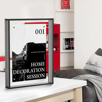 Modern custom frame with black and white home decor print on a desk in a stylish living room