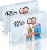 Custom acrylic photo frames with Father's Day message, featuring smiling dad and daughter holding tulips