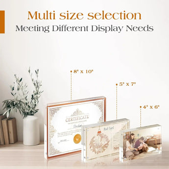 Acrylic photo frames in 8x10, 5x7, and 4x6 sizes for certificates, postcards, and photos.