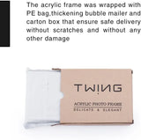 Acrylic photo frame securely packed in bubble mailer and box for safe delivery.