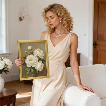 Woman in cream dress holding framed floral artwork, elegant home decor setting