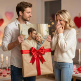 Man gifting woman a custom couple portrait canvas wrapped with a red bow, romantic home decor
