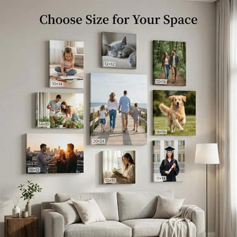Gallery wall of custom canvas photo prints in various sizes above a modern sofa
