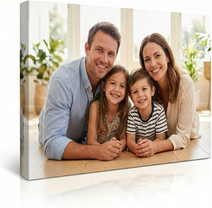Custom canvas print featuring a smiling family portrait, perfect for personalized home decor