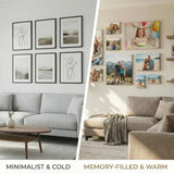 Side-by-side living room decor comparison: minimalist art prints vs. custom photo canvas wall gallery.
