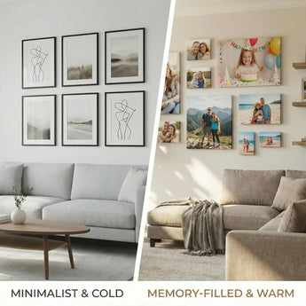 Side-by-side living room decor comparison: minimalist art prints vs. custom photo canvas wall gallery.