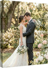 Custom canvas print of bride and groom embracing outdoors in garden setting