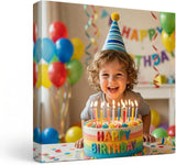 Personalized canvas print of child at birthday party with cake, balloons, and party hat