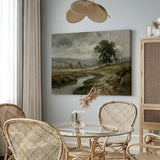 Cozy dining room with rattan chairs, glass table, and landscape canvas wall art