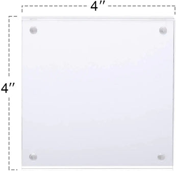 Clear acrylic square photo frame measuring 4x4 inches with corner magnets.