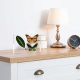 Acrylic frame with two butterflies and a leaf on a wooden dresser beside a lamp and clock