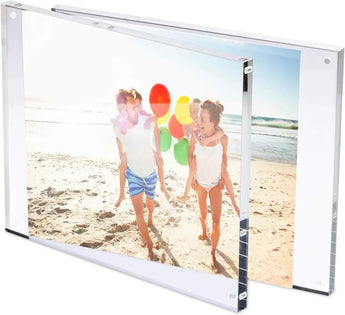 Custom acrylic photo frame displaying family on beach with balloons, personalized home decor