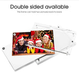 Double sided clear acrylic photo frame holding two custom pictures back to back