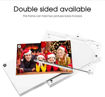 Double sided clear acrylic photo frame holding two custom pictures back to back