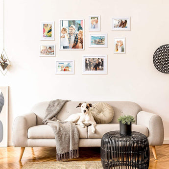 Gallery wall with custom framed photos above beige sofa, dog lying on couch in modern living room
