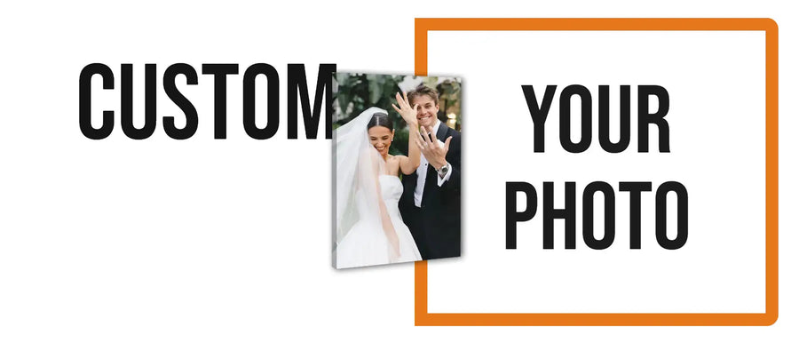 Custom photo print sample of a bride and groom in wedding attire on canvas frame