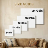 Canvas print size guide above sofa showing 8x10, 11x14, 12x16, 16x24, and 24x36 inch options