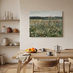 Dining room with wooden furniture and wildflower canvas print wall art