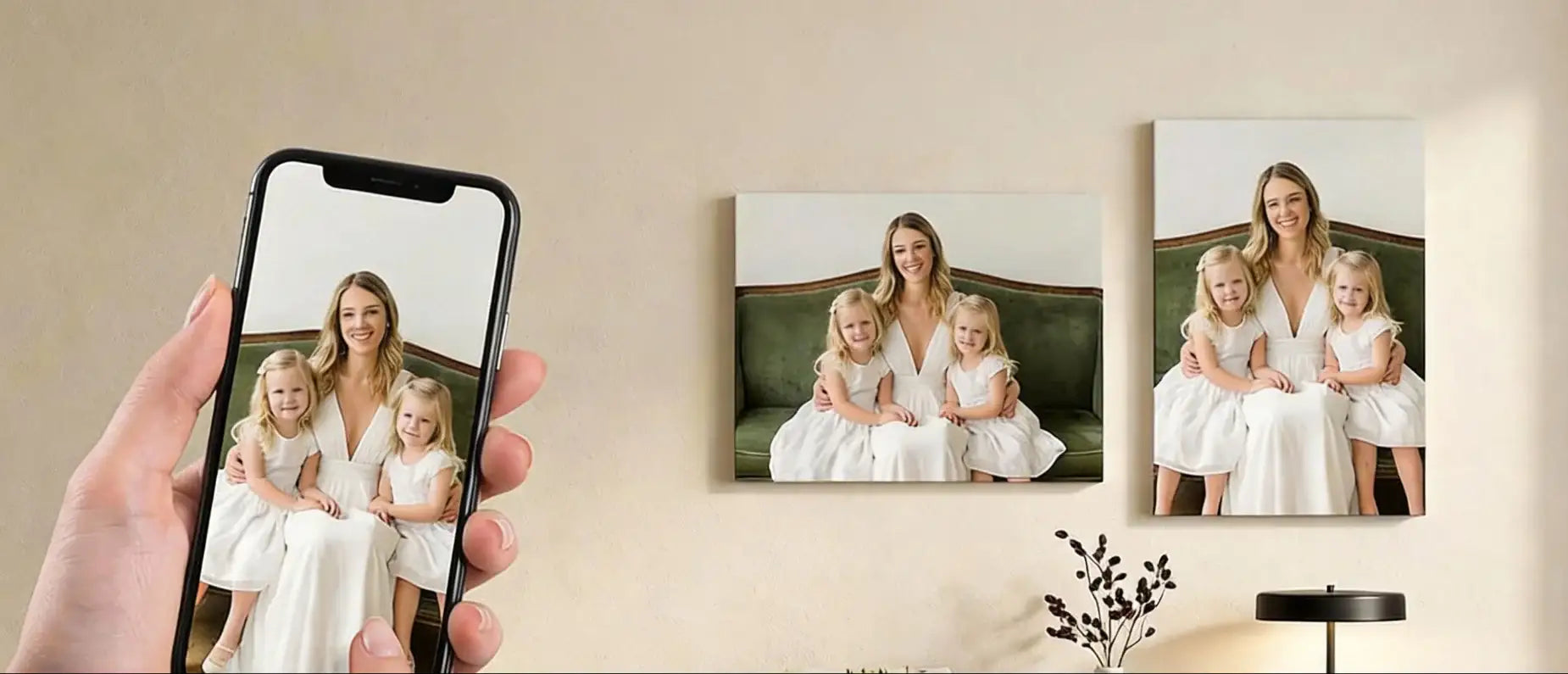 Custom canvas prints featuring a mother and two daughters in white dresses on a green sofa, displayed as wall art.