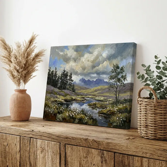 Custom landscape canvas print with mountains and river, styled on rustic wood shelf home decor