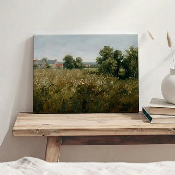 Custom landscape canvas print with countryside view, rustic farmhouse decor on wooden bench