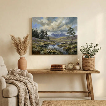 Cozy living room with landscape canvas print, rustic decor, and neutral tones