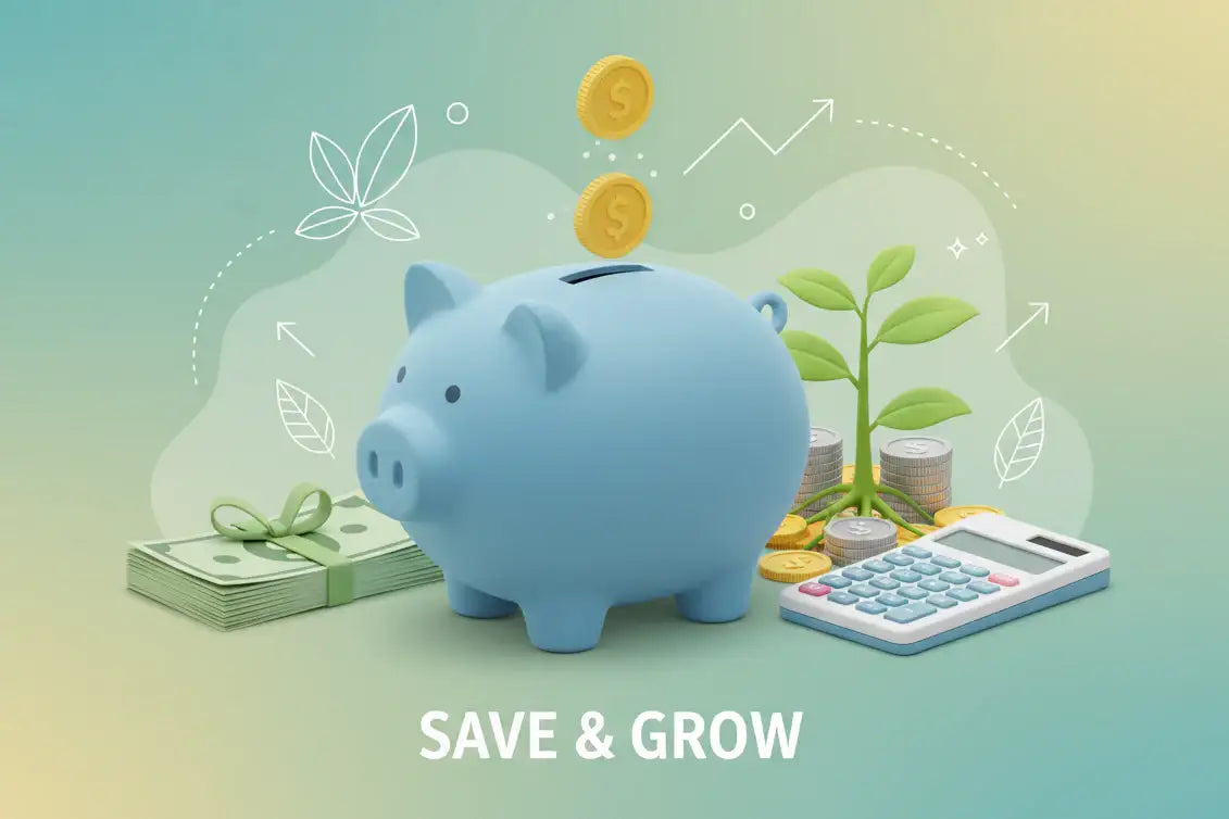 Blue piggy bank with coins, calculator, cash, and plant symbolizing saving and financial growth